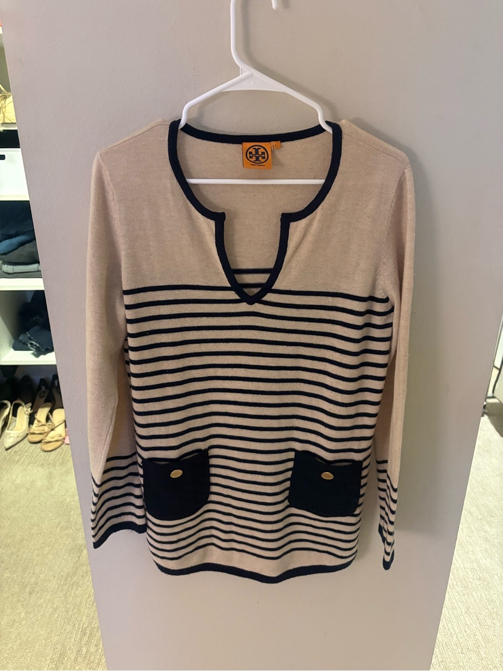 Tory Burch Cream sweater with Navy trim and pockets